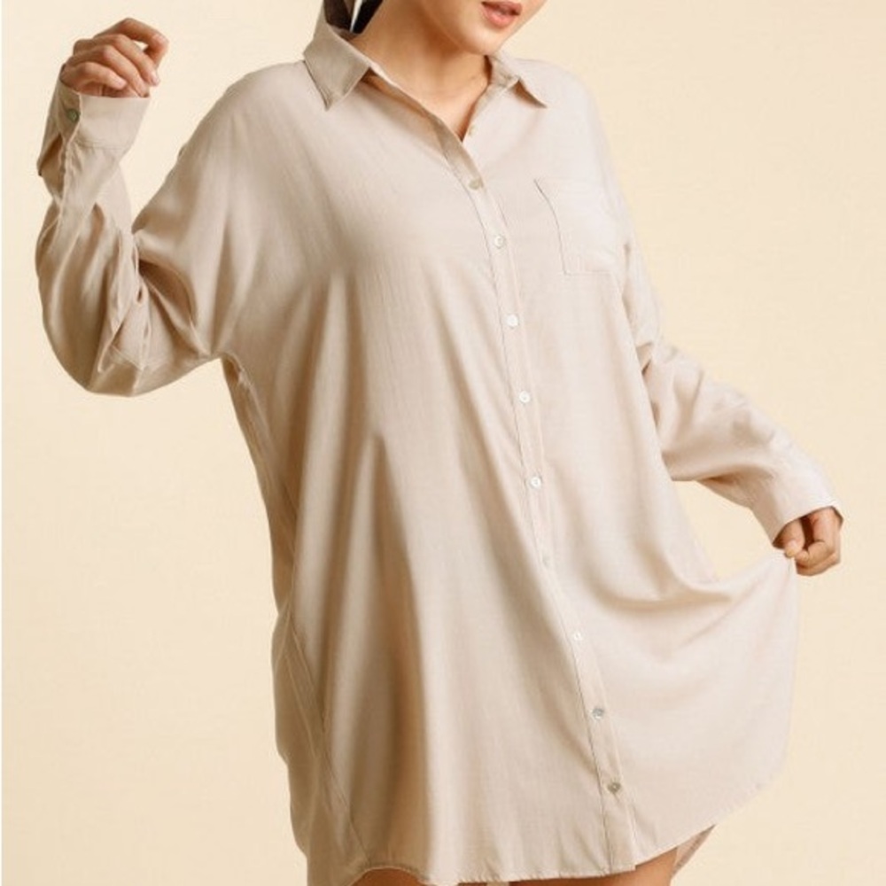 Plus Size Women's Cream Button-Up Shirt Dress